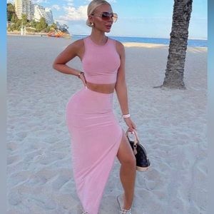 Rose Slinky Crop Top & Side Slit Maxi Skirt